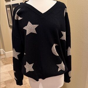Beach Riot Black with metallic Star and Moon V-Neck Sweater